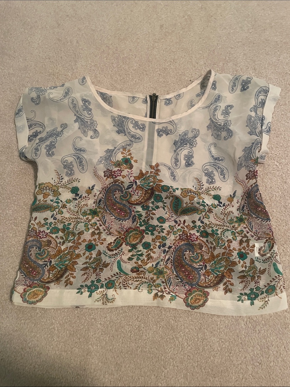 Sheer Paisley Floral Cropped Blouse in White and Teal